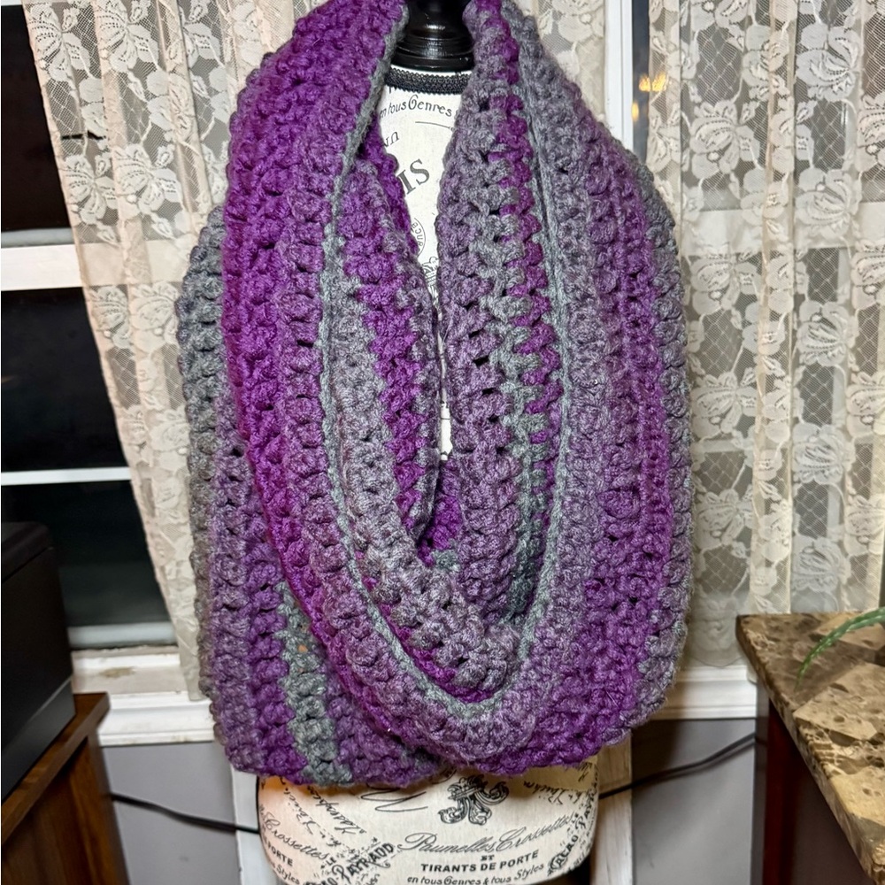 Hand Crafted Purple and Gray Chunky Crochet Cowl